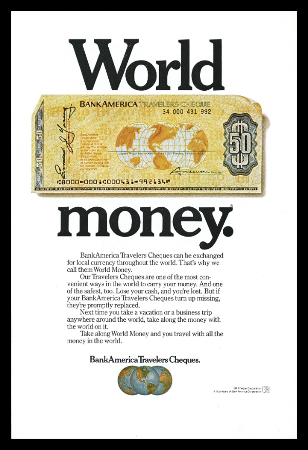 Vintage BankAmerica Travelers Cheques Advertisement – "World Money" (1980s)