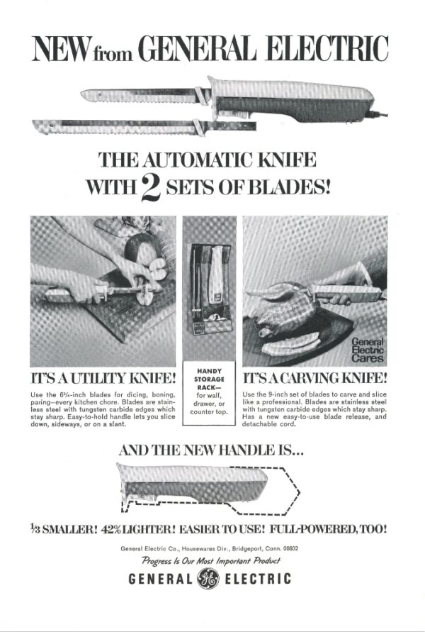 1966 Vintage General Electric Automatic Knife Magazine Advert – Dual Blade Kitchen Tool Print