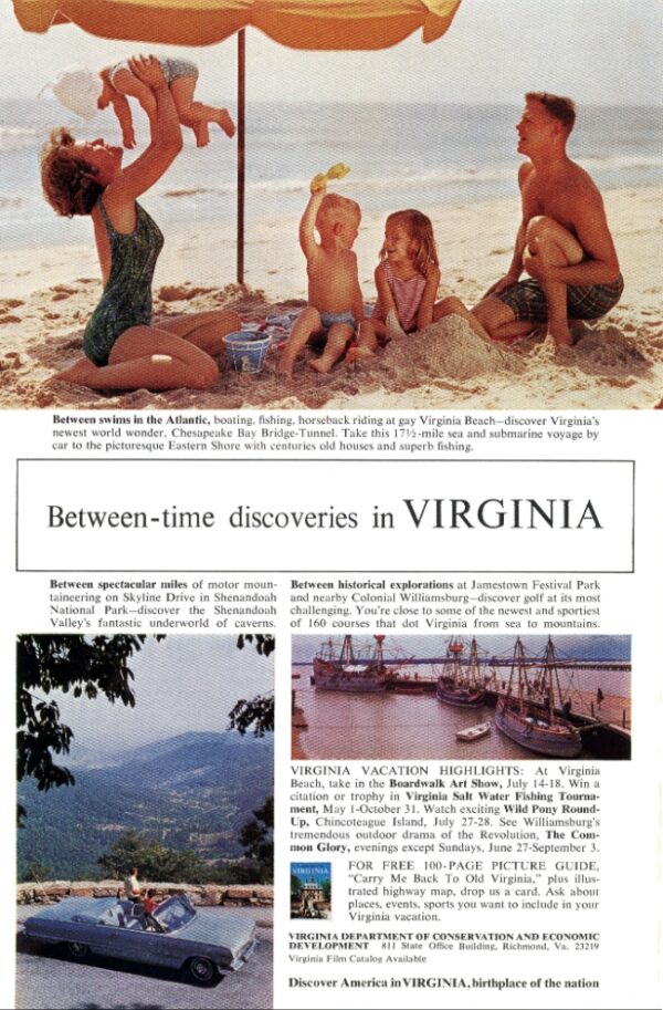 1966 Vintage Travel Advertisement – "Between-Time Discoveries in Virginia" – Retro Beach & Heritage Tourism Print