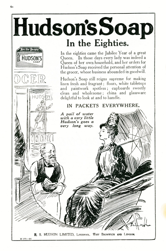 Vintage 1923 Advertising Print – “Hudson’s Soap in the Eighties” – Mounted Household Product Ad (Approx. 14 x 22 cm)