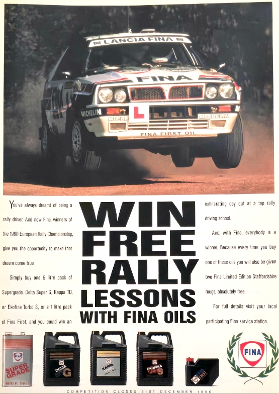 Vintage 1990 FINA Rally Oils Advertisement – Lancia Delta Integrale – Motorsport Collectible Print