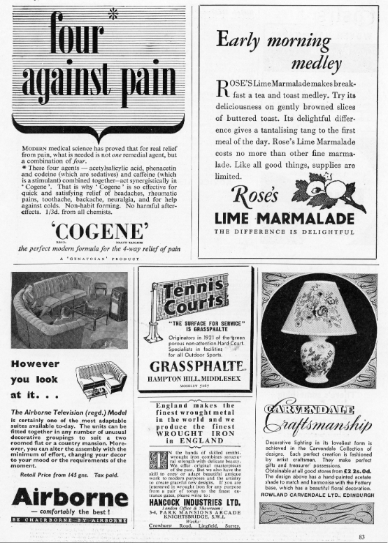 Four Against Pain, Rose’s Lime Marmalade & More – Multi-Ad Vintage Print (circa 1950s)