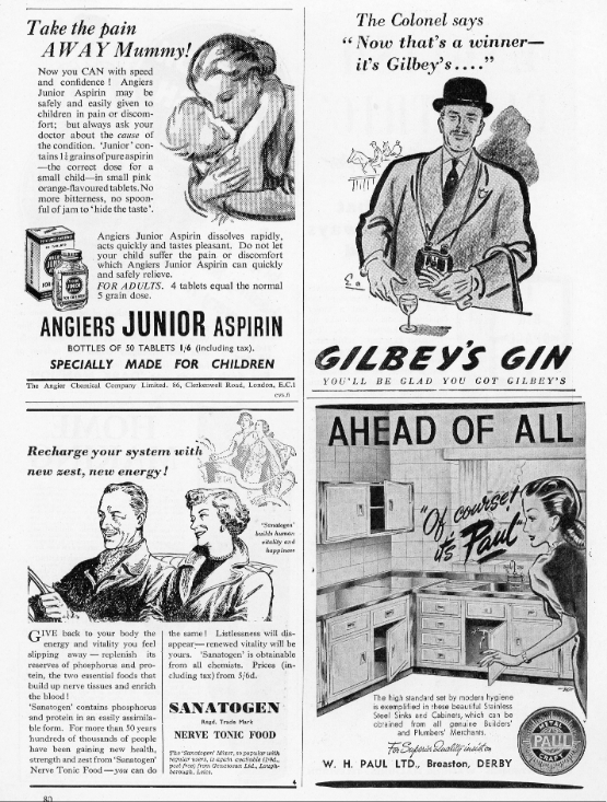 British Household Brands – Vintage Multi-Ad Page Featuring Angiers, Gilbey’s Gin, Sanatogen & W.H. Paul Kitchens (circa 1950s)
