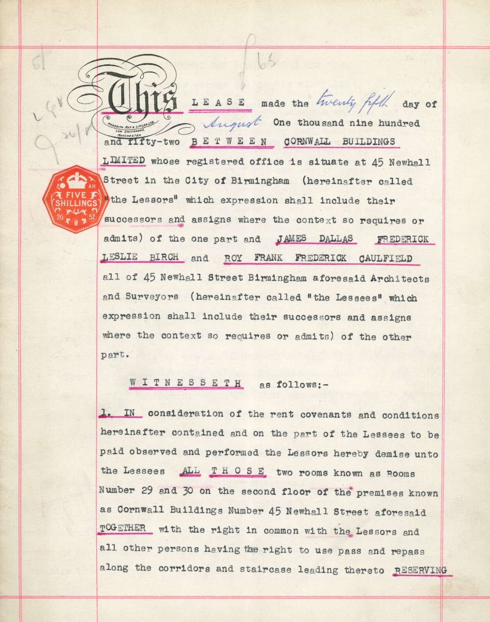 1952 Lease – Cornwall Buildings, Birmingham (Rooms 29 & 30, Second Floor – Architects & Surveyors Office Lease)