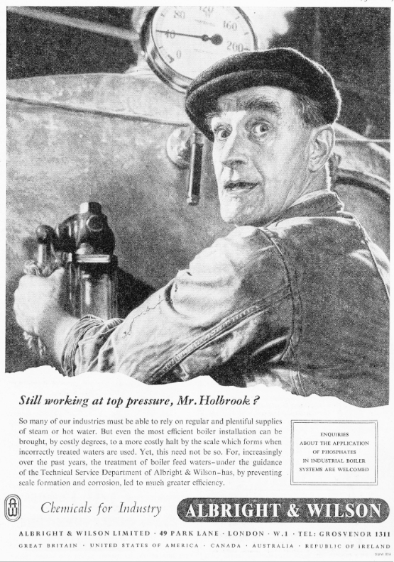 Vintage 1955 Albright & Wilson Industrial Chemical Advertisement – “Still Working at Top Pressure, Mr. Holbrook?” – Mounted 20 x 27 cm