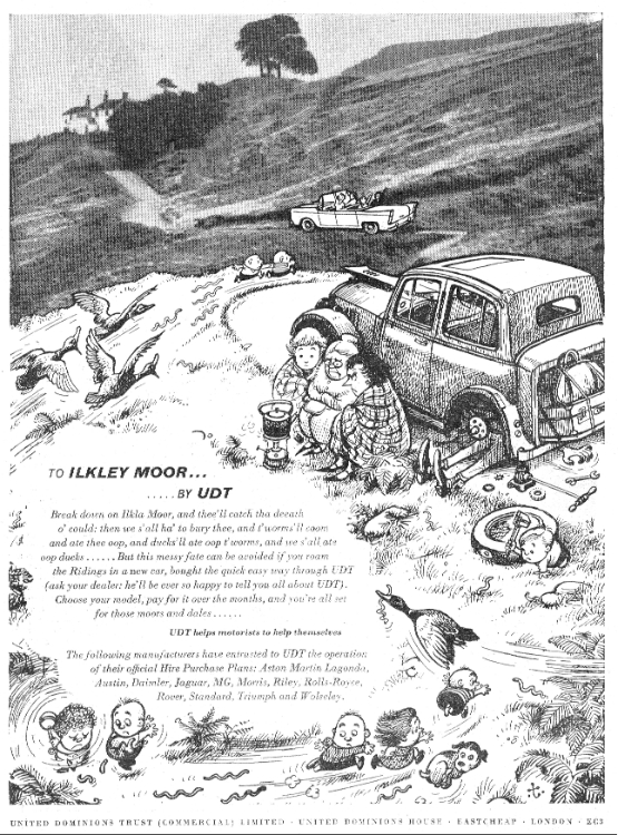 Original 1961 UDT ‘To Ilkley Moor’ Car Finance Advert – Humorous Vintage Motoring Print – Mounted 20 x 27 cm