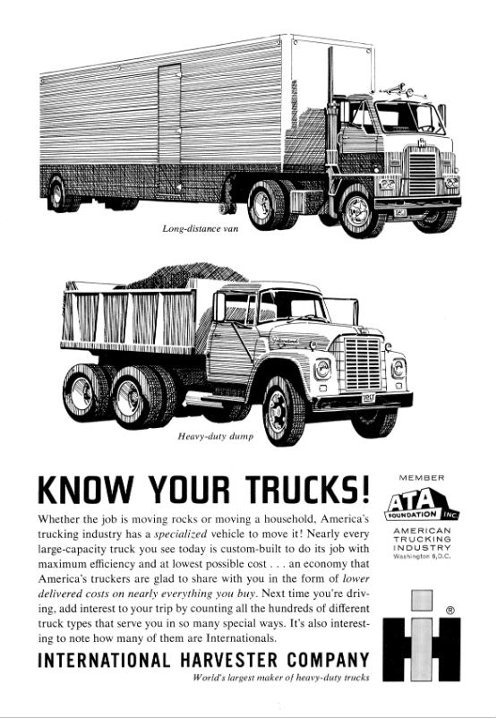 Original 1963 International Harvester Truck Advertisement – “Know Your Trucks!” – Heavy-Duty Dump & Long-Distance Van – Mounted Vintage Print (17 x 24 cm)