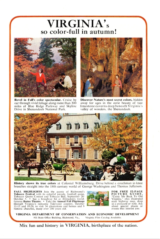 Vintage 1963 Virginia Tourism Advertisement – “So Color-full in Autumn!” – Shenandoah & Williamsburg – Mounted 17x24 cm