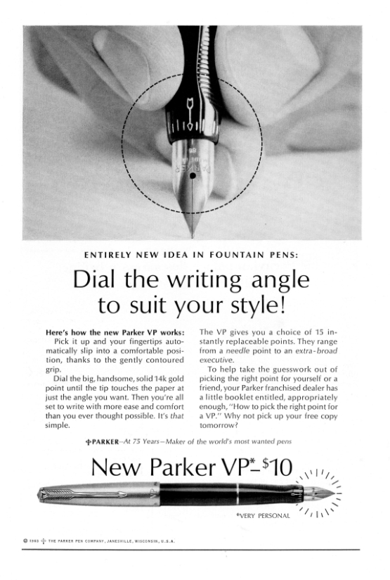 Vintage 1963 Parker VP Fountain Pen Advertisement – “Dial the Writing Angle” – Mounted 17x24 cm