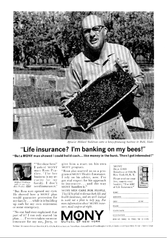 Vintage 1963 MONY Life Insurance Advertisement – "Banking on My Bees!" – Beekeeping & Financial Planning Ephemera – Mounted Original Print