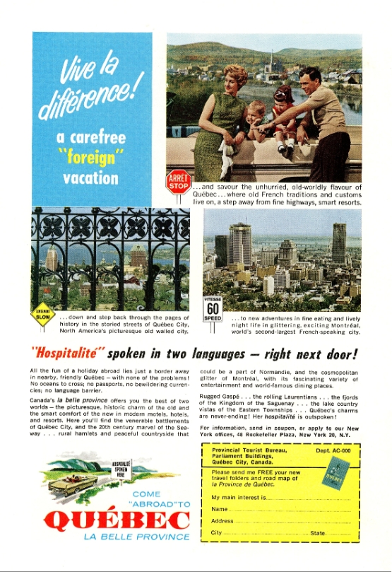1962 Vintage Québec Travel Advertisement – "Vive la Différence!" – La Belle Province French-Canadian Tourism Poster – Original Mounted Print (17 x 24 cm)