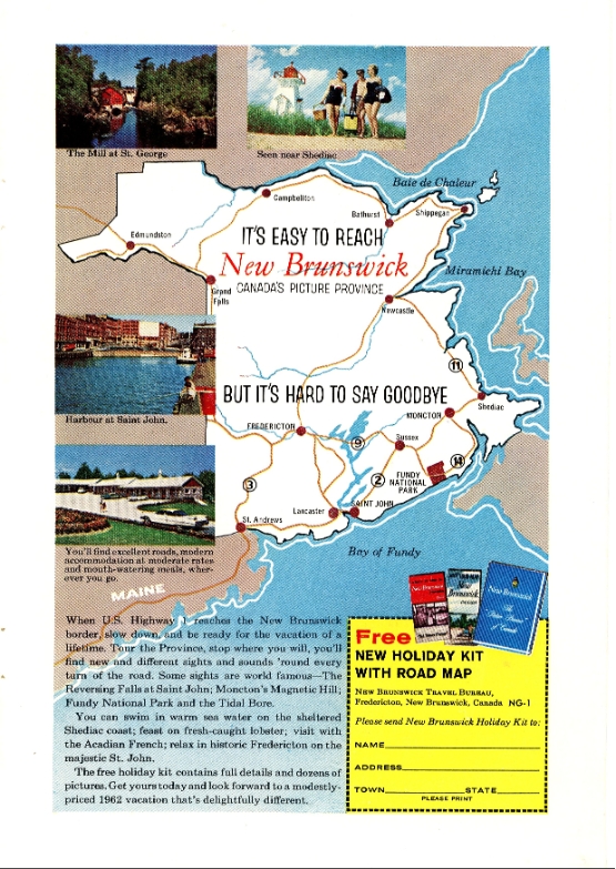 Original 1962 New Brunswick Canada Travel Advertisement – “It’s Easy to Reach… But Hard to Say Goodbye” – Mounted Vintage Print (17 x 24 cm)