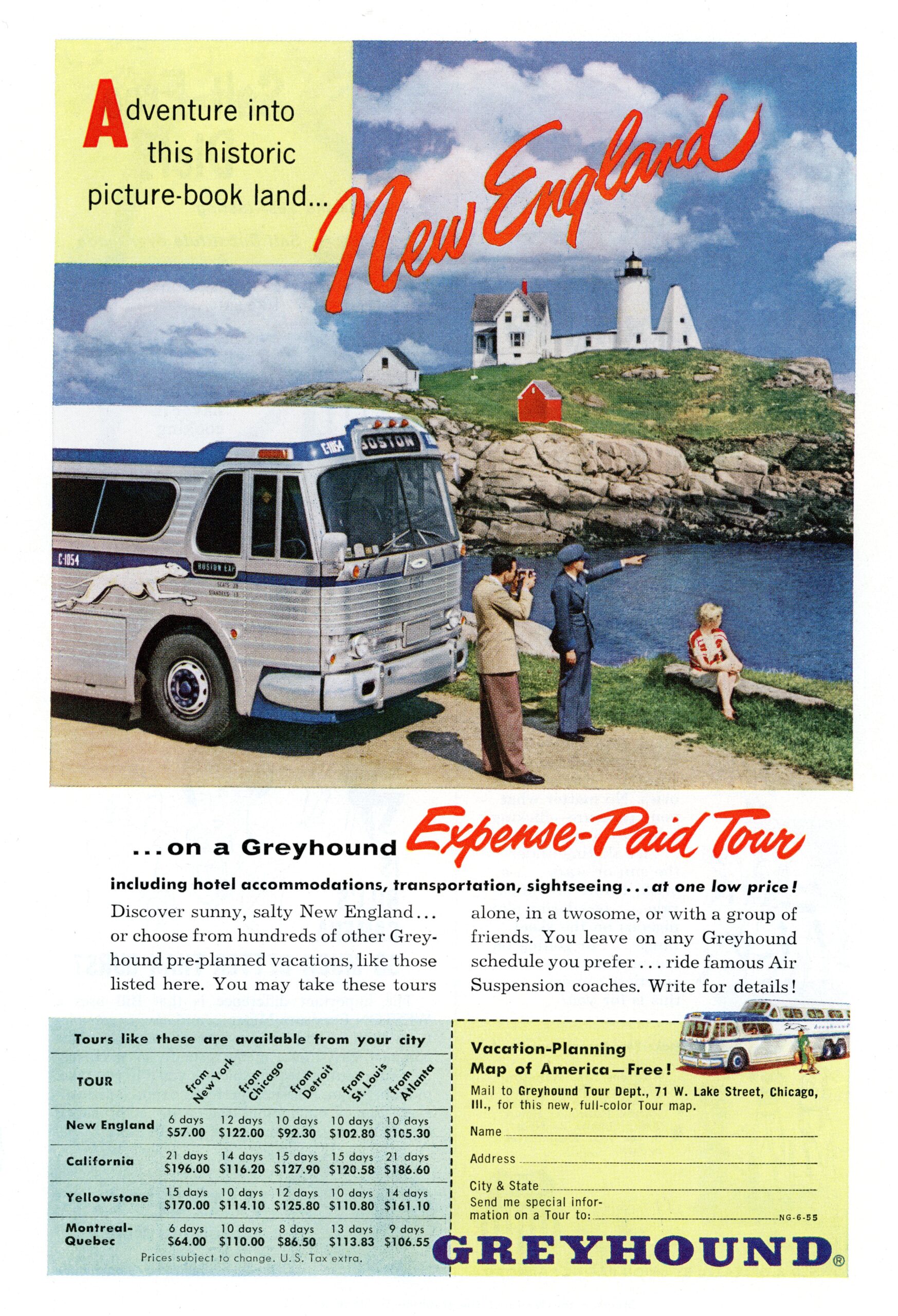 955 Greyhound advert – colourful vintage travel poster promoting New England coach tours
