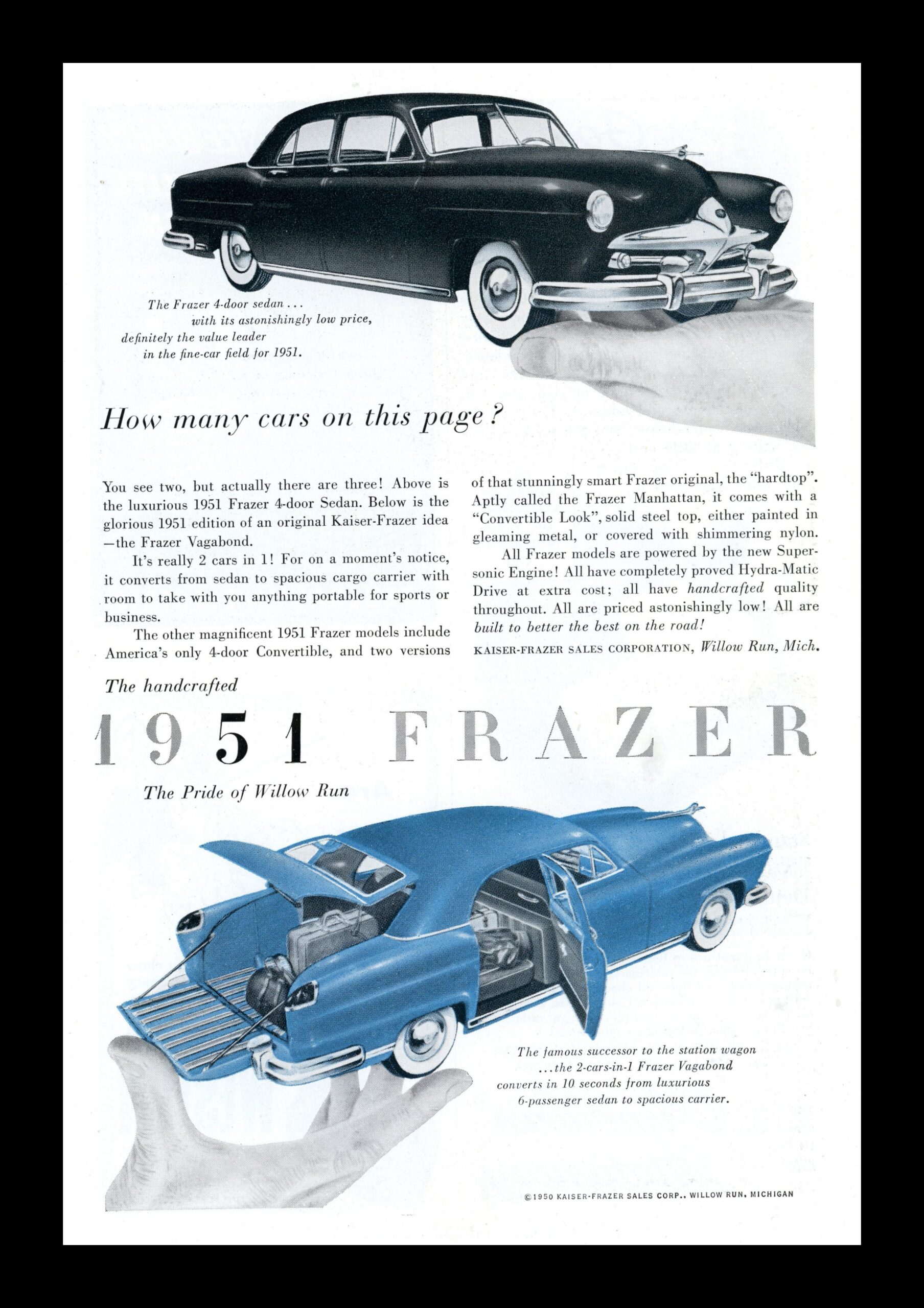 1951 vintage Frazer car advert featuring a black 4-door sedan and blue convertible-style Vagabond with open boot and detailed car interiors.