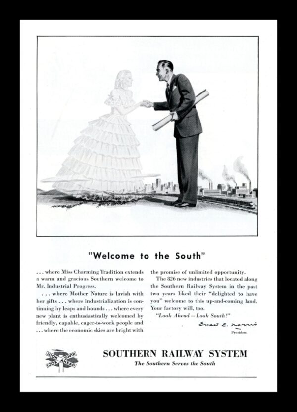 1948 Southern Railway System advert titled Welcome to the South, featuring illustrated handshake between tradition and progress, mounted on card