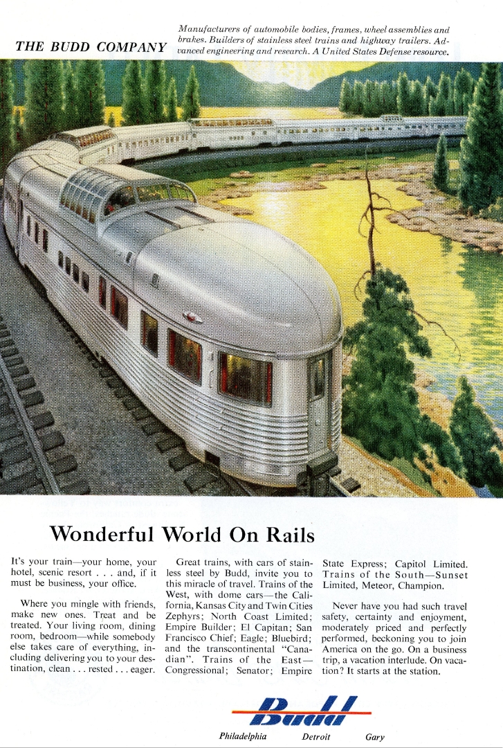 1955 Budd Company vintage train advert featuring dome car on scenic rail track – Wonderful World On Rails