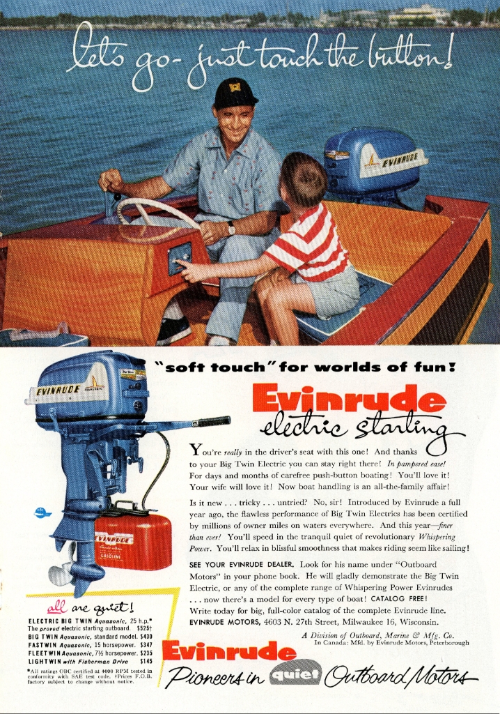 1955 Evinrude vintage advert showing a father and son on a boat with electric starting outboard motor